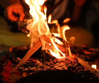 Students at a traditional Hawan fire ceremony in Rishikesh.